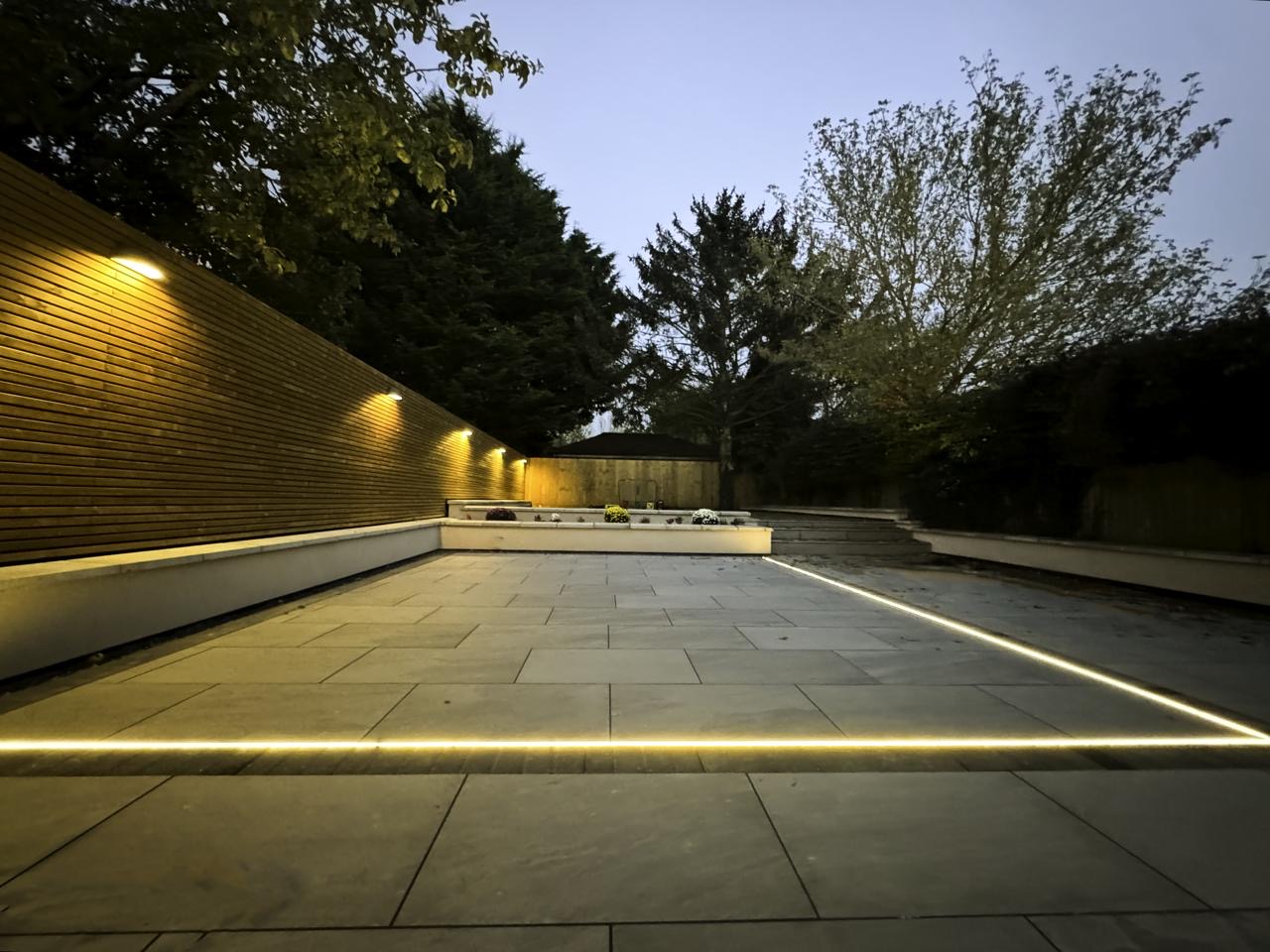 Completed · Garden lighting at dusk